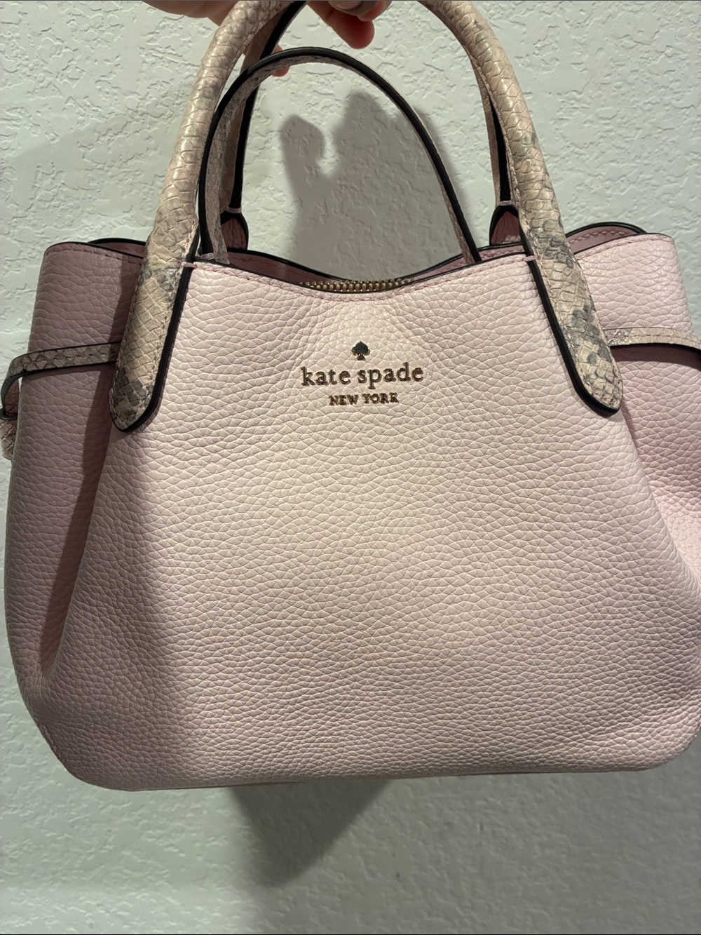 kate spade Pebbled Leather Satchel in Light Pink with Snakeskin-Trim Handles